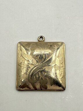 Etched Gold Tone Pendant Square Engraved Leaf Floral Charm